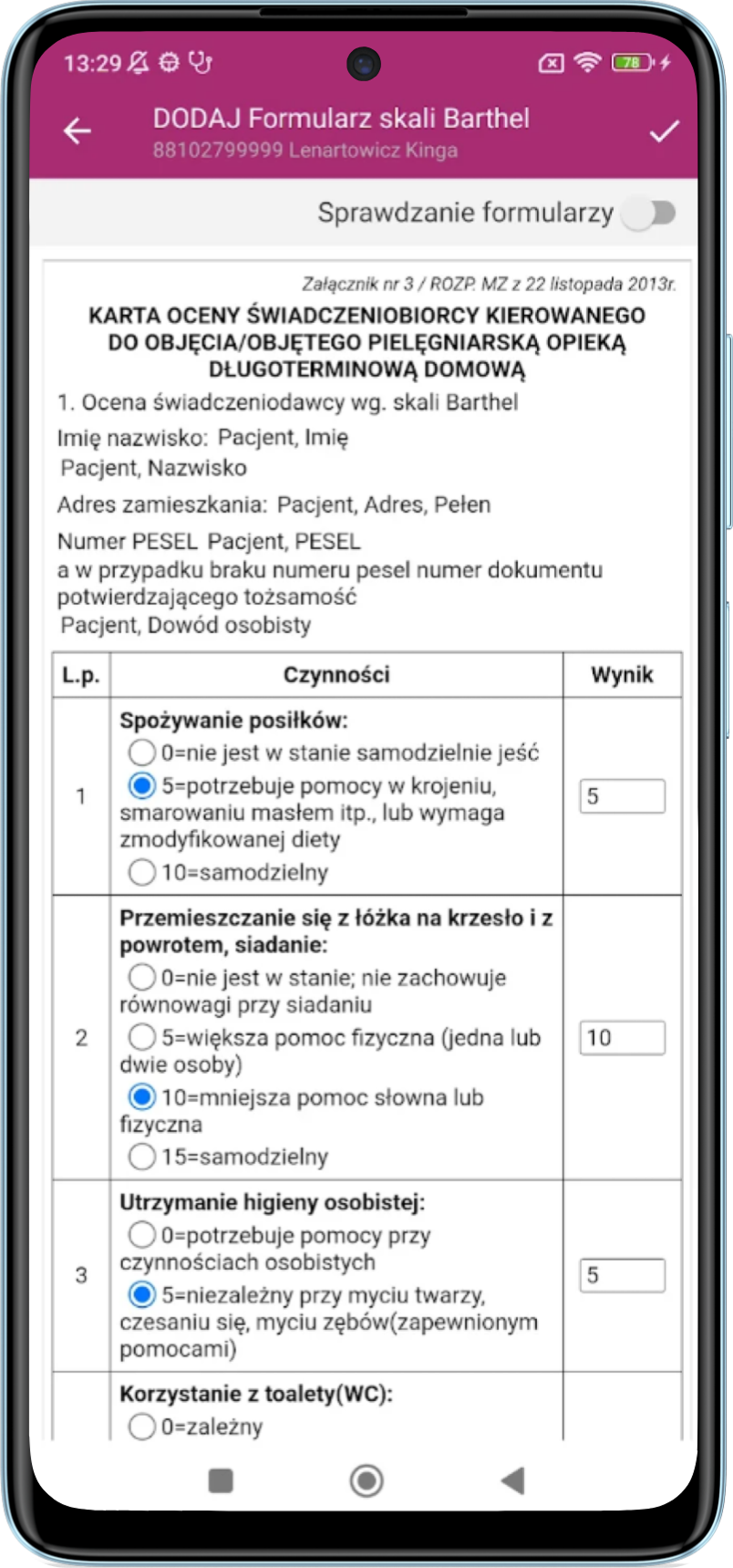 Formualrz skali Barthel - Wizyta Położnej
